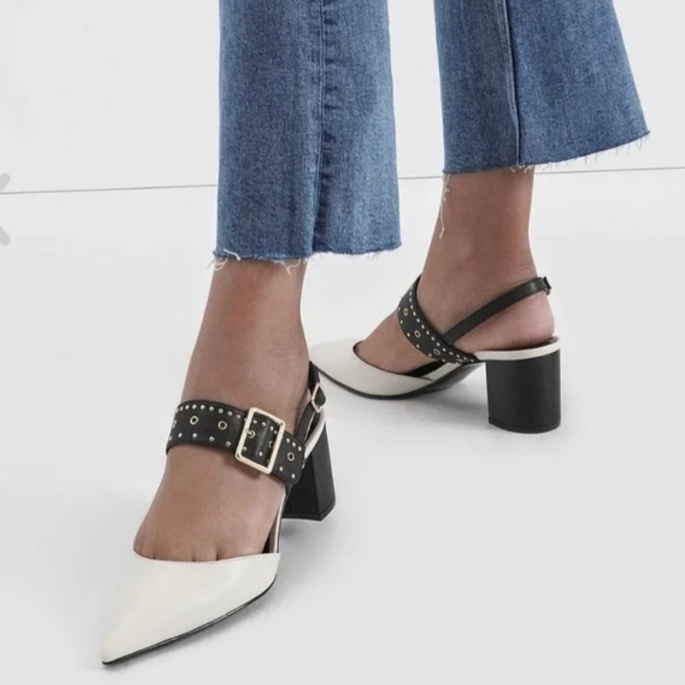 Charles & Keith Two-Tone Pointed Block Heel Slingbacks in Black and White